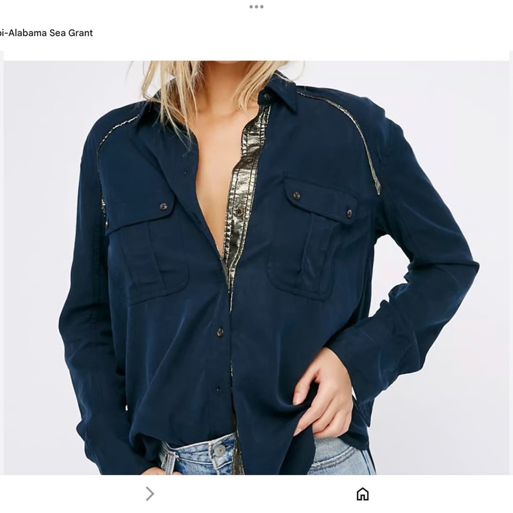 NWT Free People Off Campus Navy Blue Gold Metallic Oversized Button Front Top